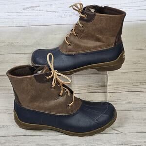 SPERRY Saltwater Womens Dark Brown Leather and Blue Rubber Duck Boots Size 9